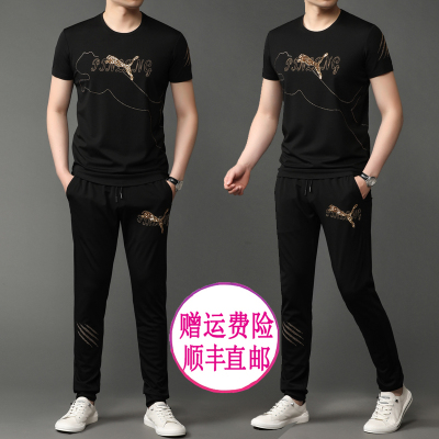 LIDENGAMANI/利登阿玛尼男装休闲套装男士运动套装2021新品夏薄款户外时尚潮中青年短袖T恤松紧系带休闲套装