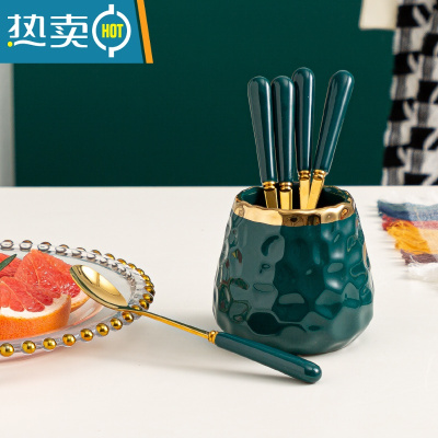敬平水果叉子家用高端收纳罐蛋糕叉儿童果叉甜品小叉子不锈钢 [祖母绿带金边]★带6勺牙签