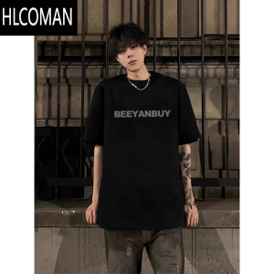 HLCOMAN三本针t恤男款2025新款潮牌美式高街痞帅小领口男生正肩短袖