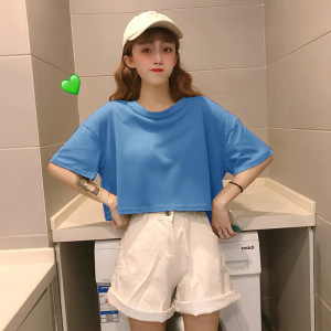 夏季短袖T恤女韩版学生慵懒风bf宽松纯色个性港味短款露脐上衣女