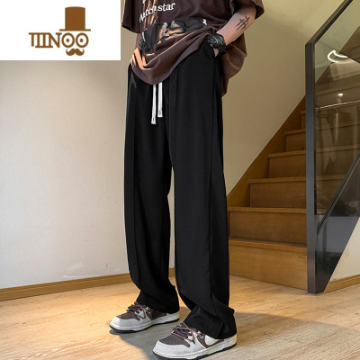 YANXU黑色直筒休闲西裤男夏季垂感宽松阔腿基础款百搭冰丝薄款运动裤子