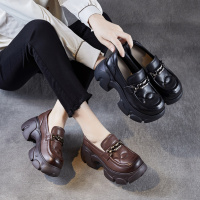 英伦厚底乐福鞋女秋季新款小个子增高单鞋真皮松糕圆头小皮鞋