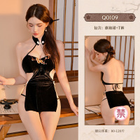 九里晴川中式性感改良开叉旗袍中式纯欲挂脖露背刺绣情趣内衣 九里晴川Q0109[刺绣高叉旗袍-黑] 均码