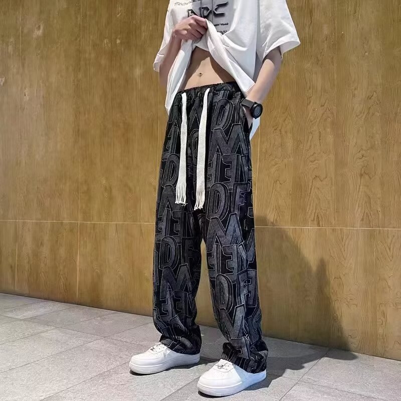 美式高街灯芯绒休闲裤男字母满印复古时尚潮流宽松直筒裤