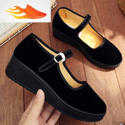 FISHBASKET老北京布鞋女厚底坡跟黑色工作鞋职业酒店上班鞋一字扣带女鞋单鞋