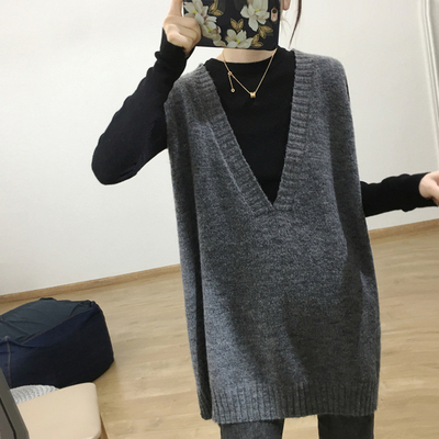 suntek春秋日系叠穿背心宽松外穿毛坎肩女中长款v领大码无袖毛衣潮流