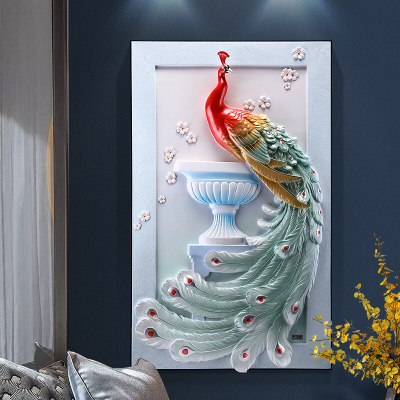 礼氏嘉礼品孔雀装饰画3d立体现代简约竖版大气入户进走廊欧式浮壁画