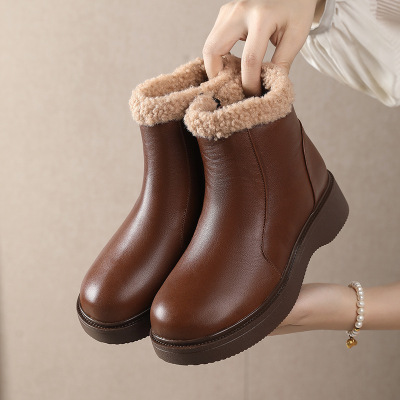 秋冬新款头层牛皮高帮鞋女厚绒内里加复古闲百搭中筒短靴潮