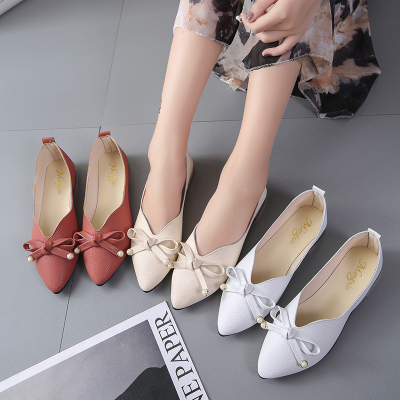 迈凯恩品牌2020春夏新款甜美女鞋浅口尖头舒适平底鞋绒面蝴蝶结单鞋豆豆鞋女