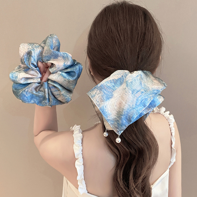 新中式国风小方巾大肠发圈女珍珠流苏气质低马尾头圈发绳发饰新款送女朋友老婆情人节七夕生日礼物