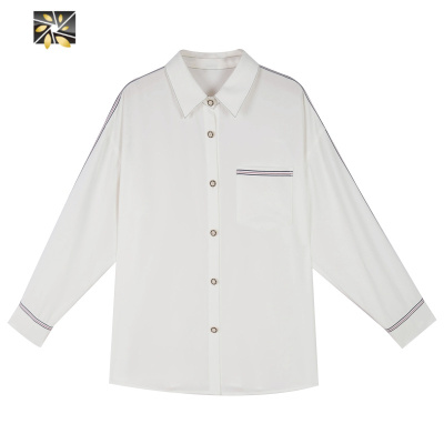 暖青汇很仙的白色雪纺衬衫女长袖宽松设计感小众百搭上衣撞色口袋衬衣潮蕾丝衫