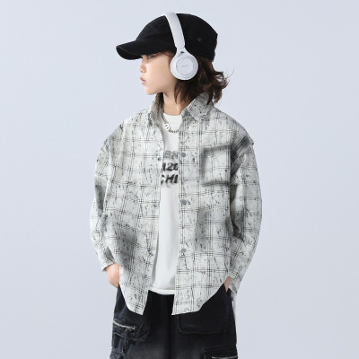 男童秋装衬衫外套新款儿童扎染衬衣薄款中大童格子上衣痞帅风