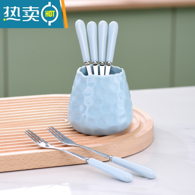 敬平水果叉子家用套装收纳罐儿童安全咖啡勺小勺子甜品叉水果签果插 天空蓝收纳罐+6叉
