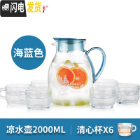 三维工匠玻璃果汁壶耐热冷水壶大容量茶壶凉白开水壶家用凉水壶套装 一壶六杯套装(海蓝色)