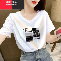 YIBUSHENG白色v领短袖t恤女宽松显瘦季2024新款时尚鸡心领上衣薄款