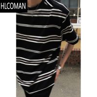 HLCOMAN美式复古黑白条纹短袖T恤男女夏oversize学院慵懒风半袖上衣