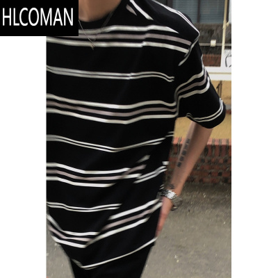 HLCOMAN美式复古黑白条纹短袖T恤男女夏oversize学院慵懒风半袖上衣