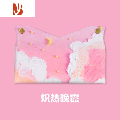 三维工匠油画纸巾盒家用客厅车载抽纸盒轻奢风纸抽盒高级感皮创意餐巾 炽热晚霞--皮质抽纸盒