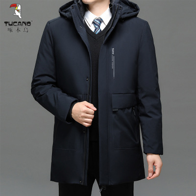 啄木鸟男冬季中长款可拆卸帽子潮酷上衣中老年男装爸爸装加厚外套