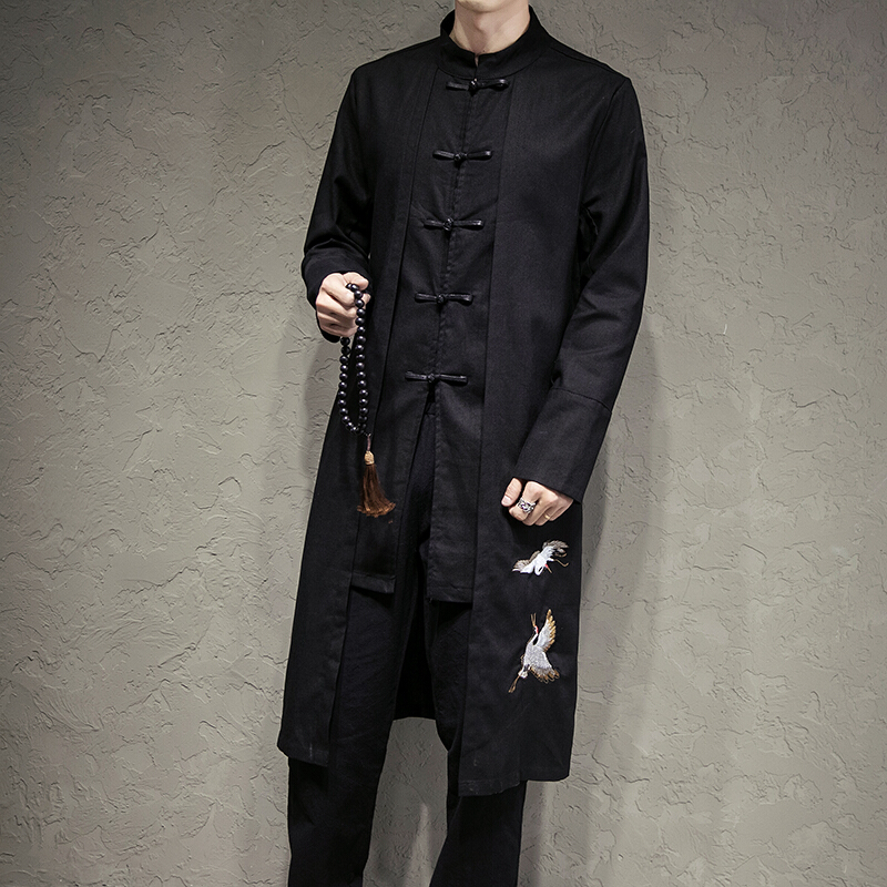 梵克公牛中国风复古民国长衫男中长款刺绣宽松盘扣风衣改良唐装外套潮