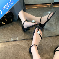 SUNTEK小香风珍珠夹趾一字扣带凉鞋女2023夏季新款简约仙女风粗跟高跟鞋