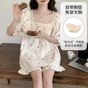 睡衣女夏天可外穿2026新款薄款短袖夏季带胸垫宽松学生家居服套装