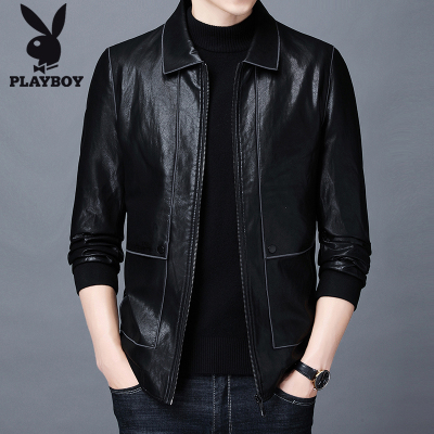 花花公子(PLAYBOY)皮衣男士加厚翻领皮衣大码外套中青年商务休闲加棉加大pu皮夹克新款冬季爸爸防寒棉服上衣