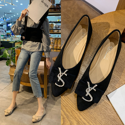 威丹卡顿品牌韩版新款尖头水钻浅口单鞋绒面女鞋百搭时尚黑色职业软底平底鞋春