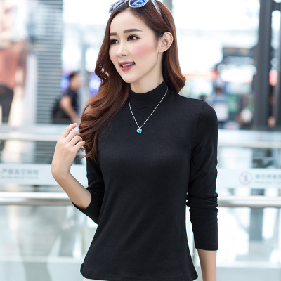 语娄秋冬纯棉内搭半高领打底衫女士长袖纯色修身大码女装黑色秋衣T恤2021大码女装