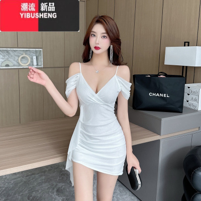 YIBUSHENG夜总 店性感女装低胸深V领露背吊带连衣裙紧身显瘦夜场上班工作服
