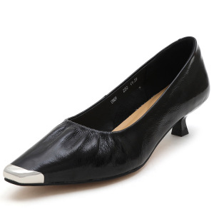 头层牛皮中跟鞋女秋季新款韩版时尚浅口金属头潮流四季单鞋