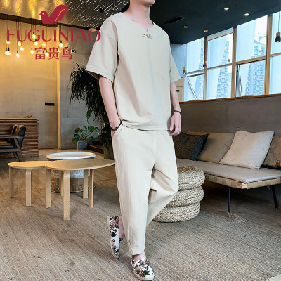 富贵鸟亚麻套装男中国风棉麻短袖男士T恤体恤拼接九分裤大码宽松汉服2021春夏季新款潮