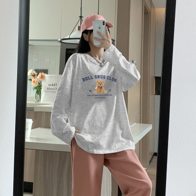 [1折价26.9元,叠加优惠券]春夏长袖t恤女新款小熊印花圆领纯棉上衣打底衫韩系百搭