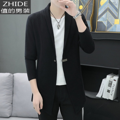 SUNTEK春秋季针织中长款风衣男士色修身披风外套青年休闲开衫毛衣夹克风衣