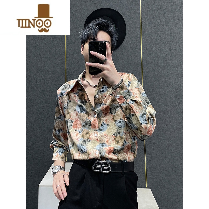 YANXU冰丝花衬衫男士ins设计感大领垫肩垂感长袖花玫瑰衬衣男百搭上衣
