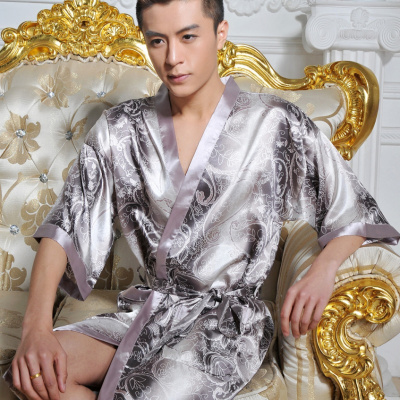 睡袍男夏季短袖丝绸薄款睡衣连体春秋冬中长仿真丝浴袍冰丝家居服