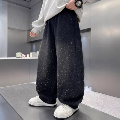 男童春季裤子2026新款洋气直筒牛仔裤春装中大童春秋款烫钻阔腿裤