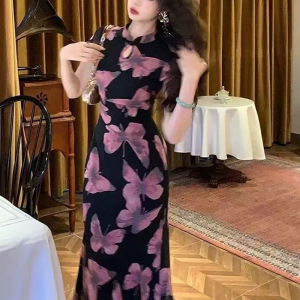 国风新中式改良夏季旗袍蝴蝶印花连衣裙复古气质新款短袖长裙子潮