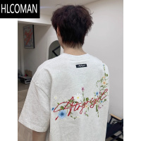 HLCOMAN2025新款夏季刺绣花卉短袖t恤男装宽松情侣上衣