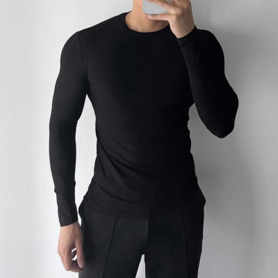 运动长袖健身T恤训练跑步上衣休闲修身圆领弹力慵懒风打底衫男子