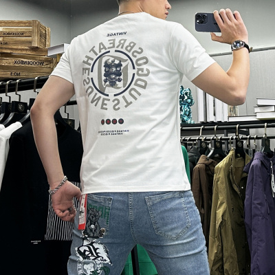 夏季新款修身弹力个性麒麟帅气丝光棉短袖T恤男半袖体恤上衣