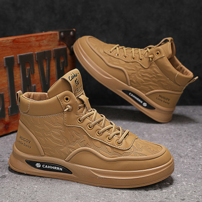 高帮秋季新款男士运动鞋纯色皮面时尚免系带套脚休闲工作板鞋男鞋