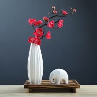 北欧风陶瓷仿真插花瓶家用客厅装饰白鹿电视柜摆件花瓶花套装桌面 三维工匠 折纸小口+黑象+梅花一支+木板 中等