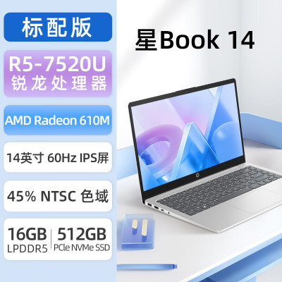 惠普银色14英寸超轻薄学生机R5-7520U 16G 512G SSD WiFi6 HDMI摄像头齐全