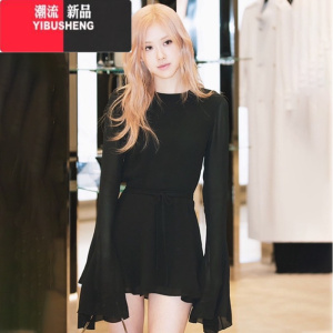 YIBUSHENG纯欲性感大露背黑色长袖连衣裙女收腰显瘦A字短裙Rose朴彩英同款
