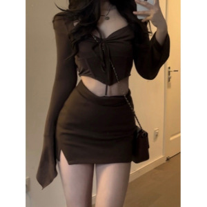 纯欲风辣妹小个子套装春秋甜美抽绳褶皱短款上衣+包臀短裙两件套
