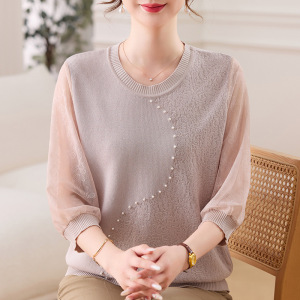 2026纱袖妈妈装上衣女洋气中老年女装新款夏季薄款T恤针织小衫女
