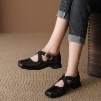 牛皮单鞋女2026春季新款方头浅口交叉带玛丽珍鞋粗跟复古百搭女鞋