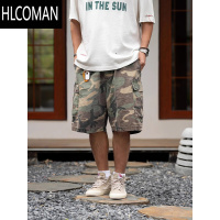 HLCOMAN202夏季新款复古水洗做旧防撕格子布纯色大口袋工装短裤男士