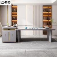 戴劲现代轻奢岩板餐桌岛台茶桌烧水壶一体桌客厅泡茶桌椅2.2米单桌+一桌四椅
